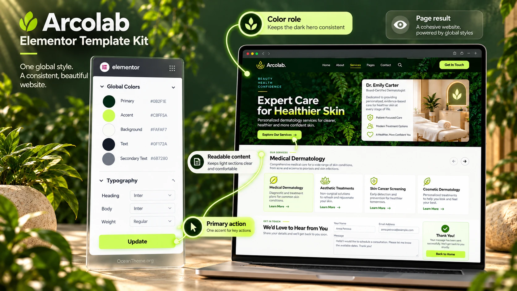 How Elementor global styles connect with ThemeForest Arcolab sections