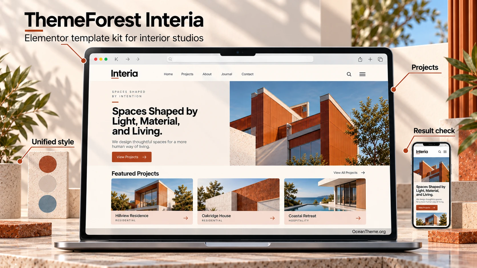 ThemeForest Interia: the hero section and portfolio layout for an interior design studio