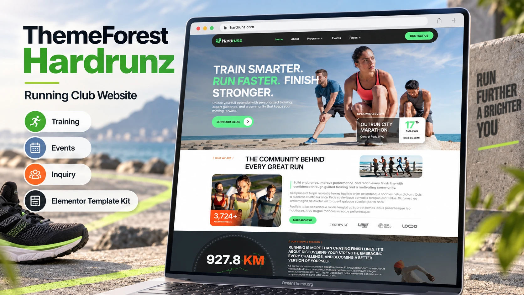 ThemeForest Hardrunz: an energetic hero section and running club website structure