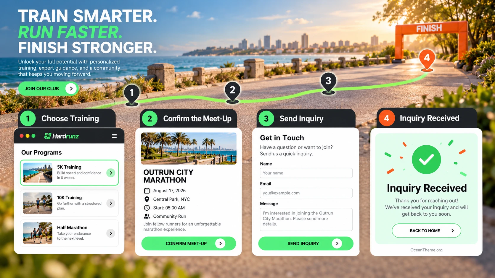ThemeForest Hardrunz visitor journey from the header to a training inquiry form