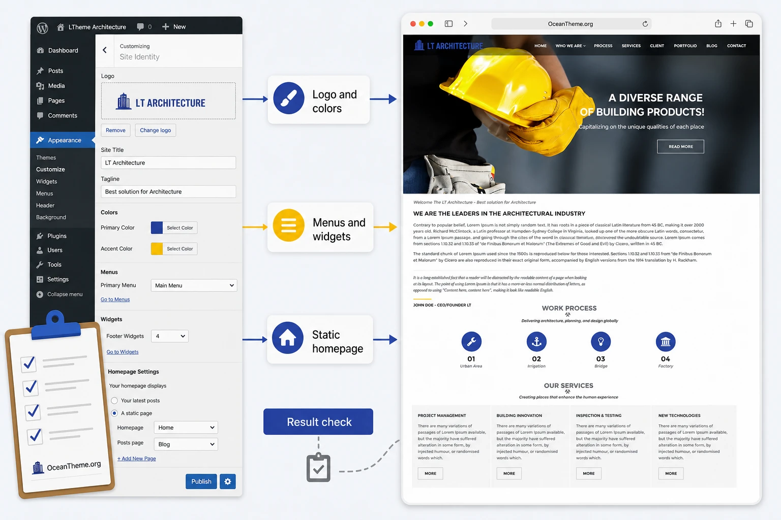 Configuring LTheme Architecture through the Customizer, menus, and a static homepage