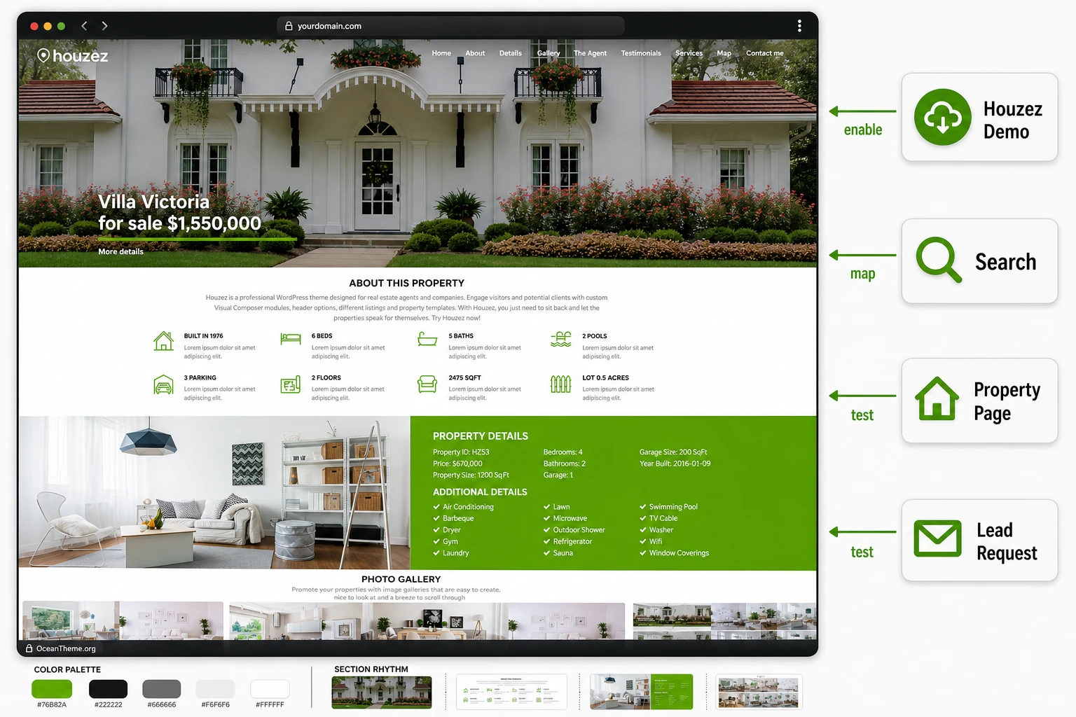 ThemeForest Houzez guide cover with a real estate template preview and WordPress settings