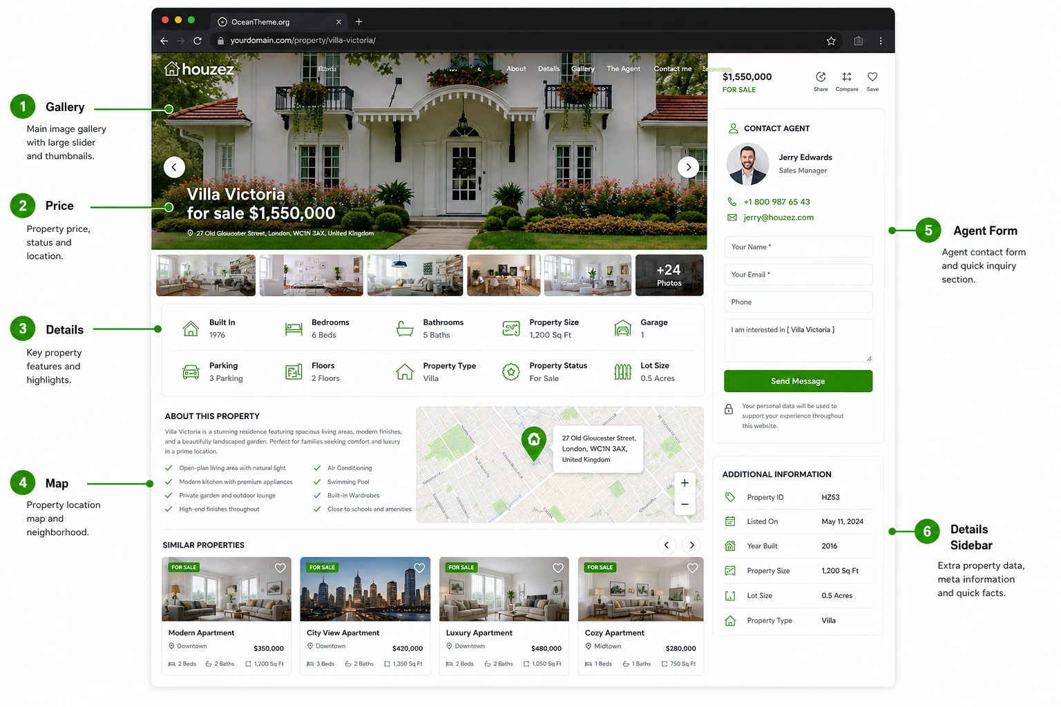 Houzez property page structure with gallery, price, map, agent, and inquiry form