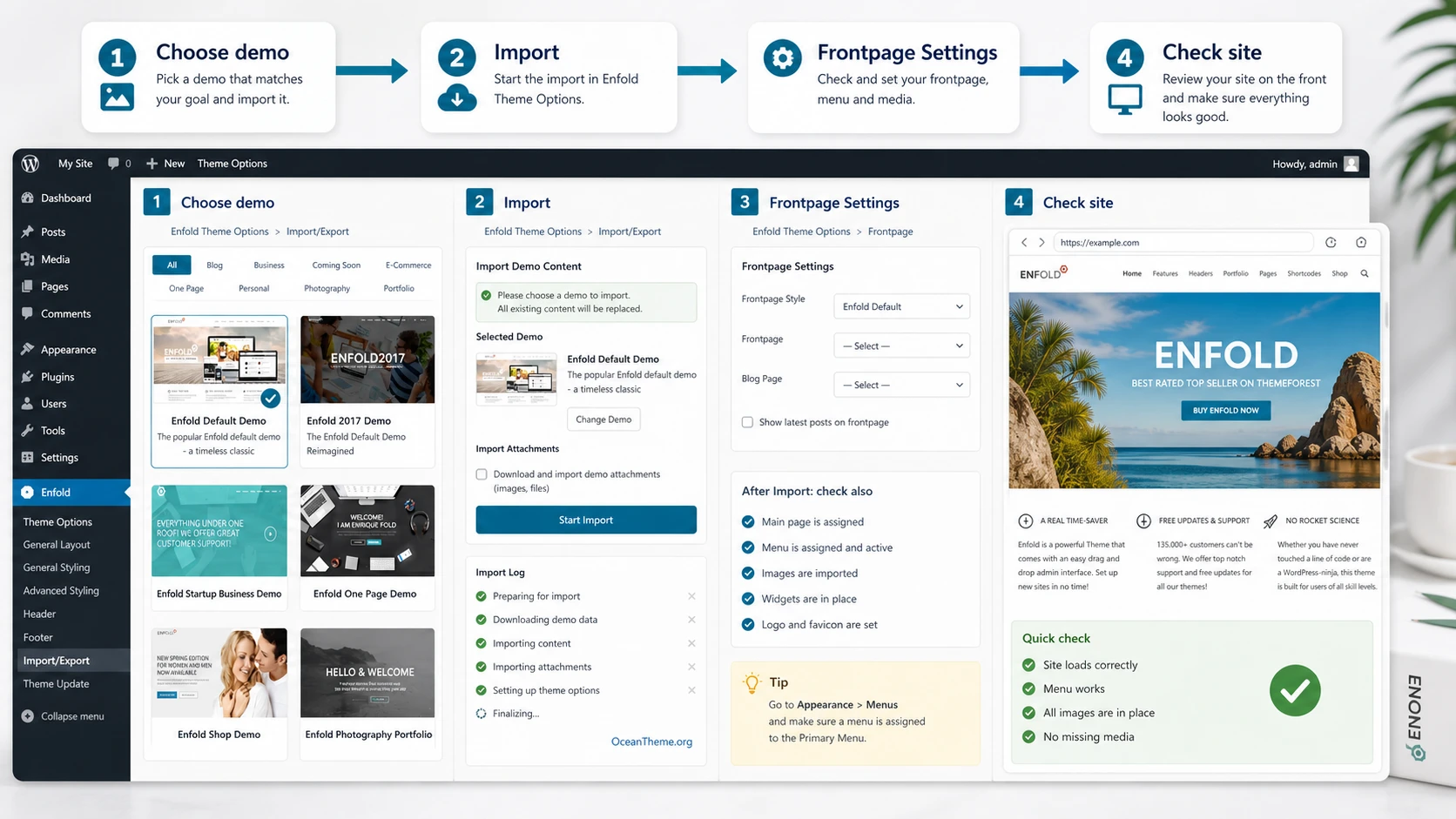 Enfold demo import map showing demo selection and homepage review