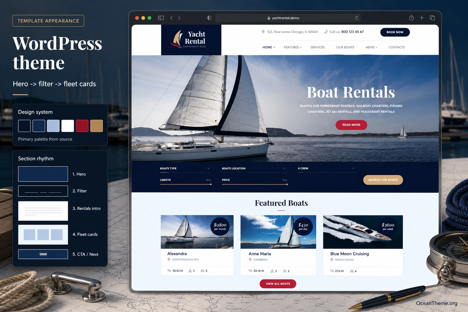 ThemeForest Yacht Rental guide cover showing the template's homepage layout