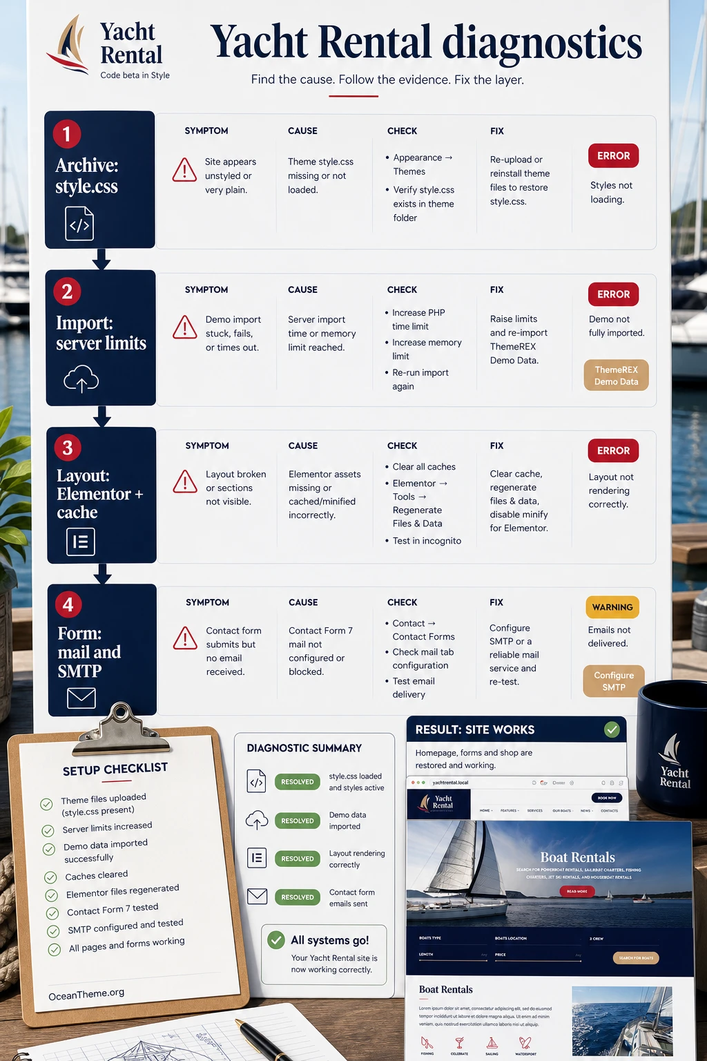 Troubleshooting map for Yacht Rental template installation and setup issues