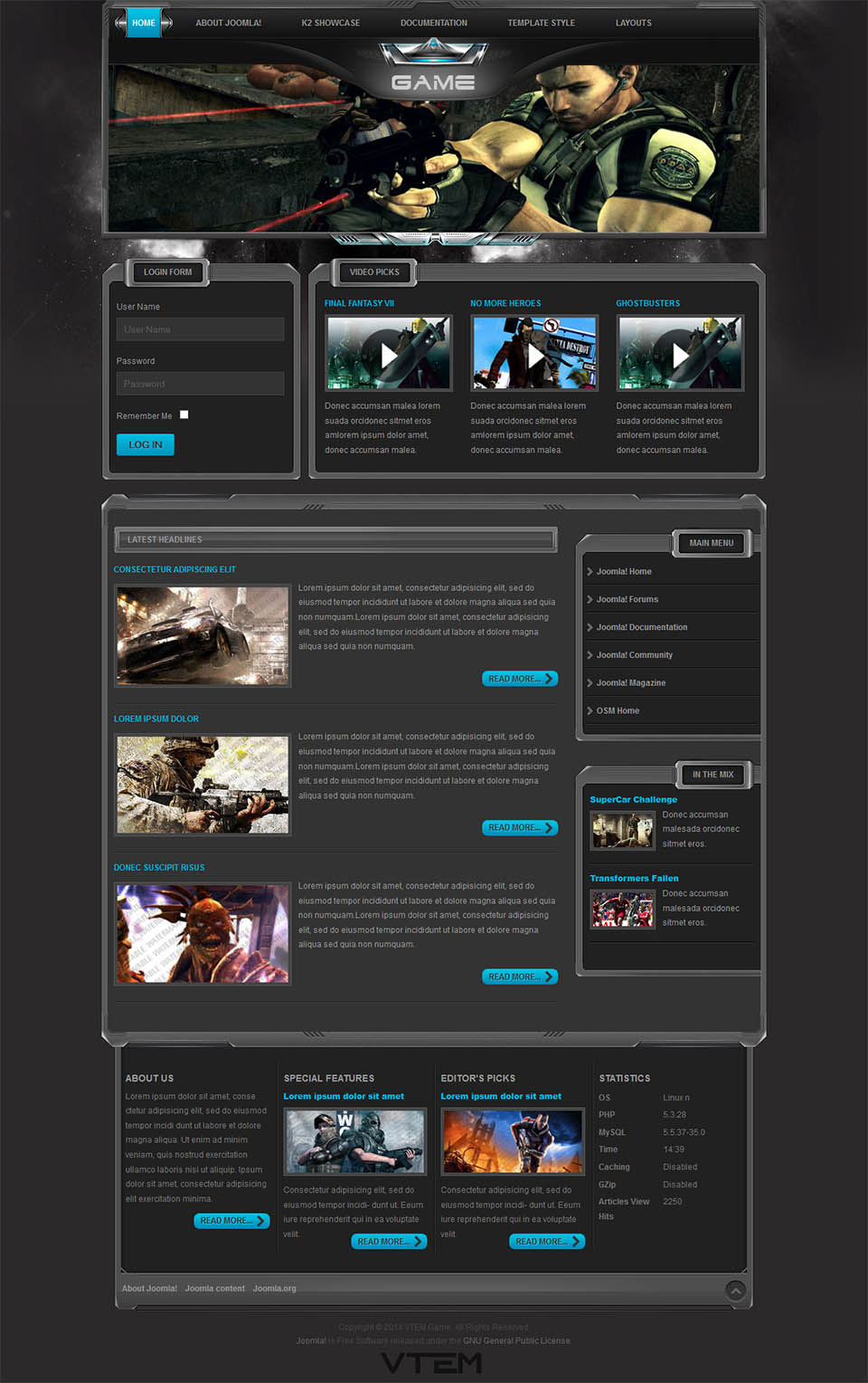Joomla template Vtem Game